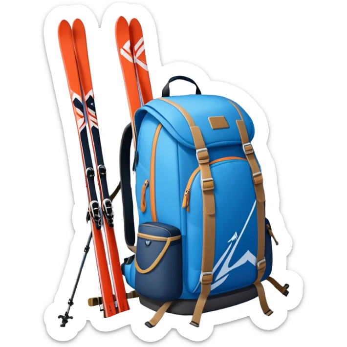 An icon showing a close-up of a biathlon backpack, a pair of skis, and a biathlon rifle resting against snow. In the background, a beautiful winter landscape with snowy trees and mountains under a clear sky. Transparent background reflects the sport’s precision and rugged endurance. sticker