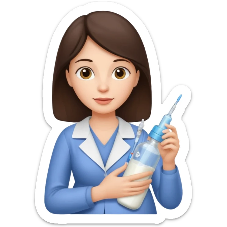 Brunette Mother holding a baby bottle with milk and a vaccine syringe sticker