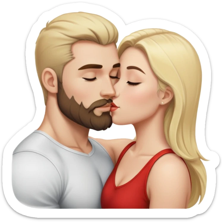 Brunette woman kissing white muscular man with blonde hair and a beard sticker