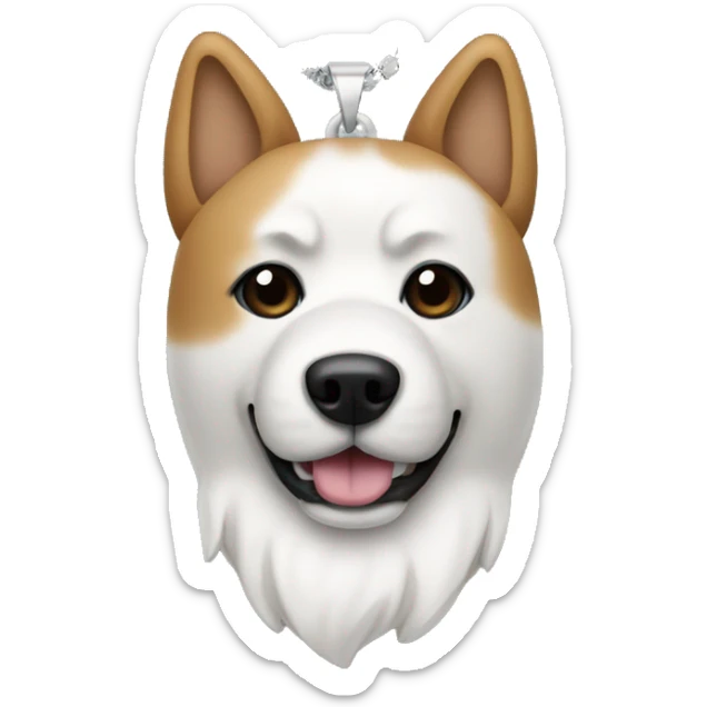 Dog akita, a necklace in the shape of a bone with Rocky written on it sticker