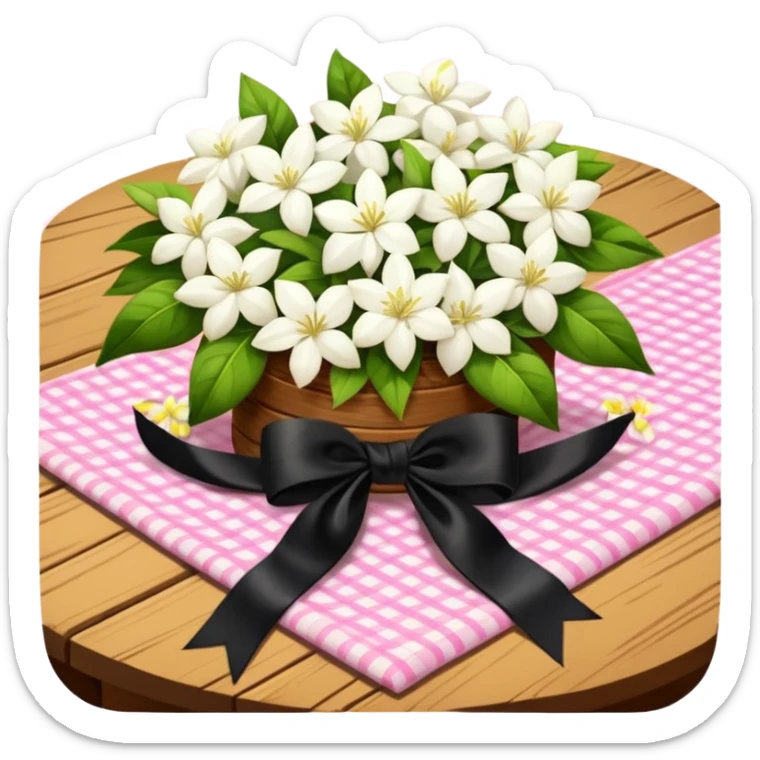 A lush bouquet of white color Jasmin black satin ribbon, resting on an antique wooden table, with a pale yellow and pink plaid pattern table cloth sticker