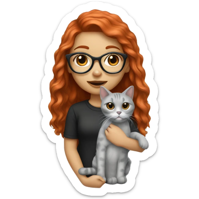 A long hair red headed girl with light skin, black glasses, a nose ring, holding an all grey cat  sticker