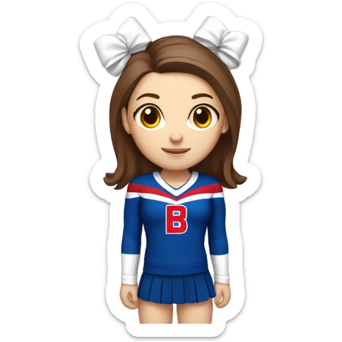 White skin brown hair cheerleader wearing Red white and blue with a B on the front sticker