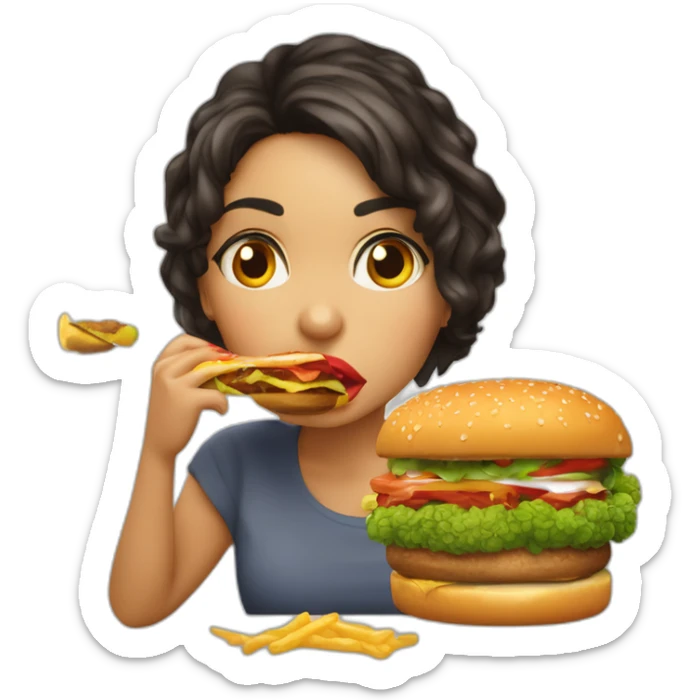 Chica morena y labios rojos comiendo amburguesa no le gusta el brócoli sticker