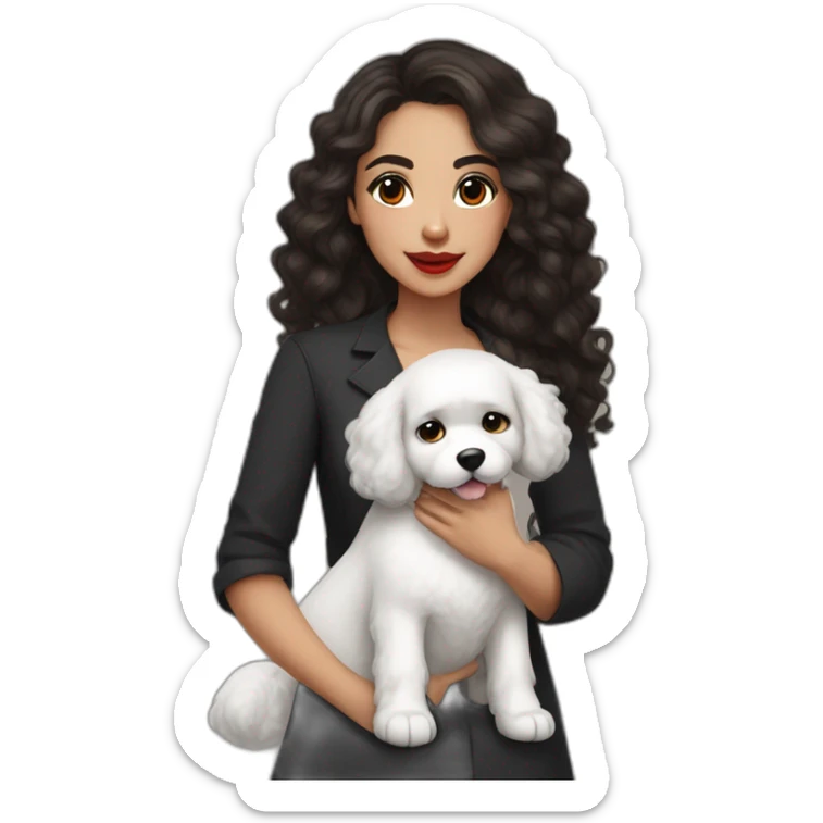 young moroccan woman with dark brown eyes, dark long curling hair, red lips, a black dress, a stethoscope around the neck and a white cotton of tulear dog named Fidji on her lap sticker