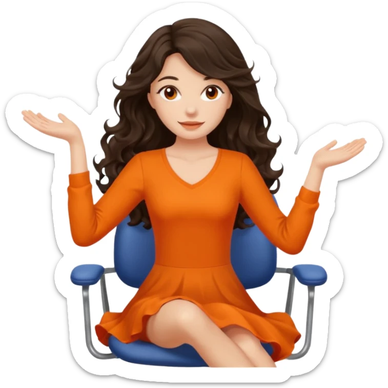 Long dark wavy hair women in orange top  twirling around a chair  sticker