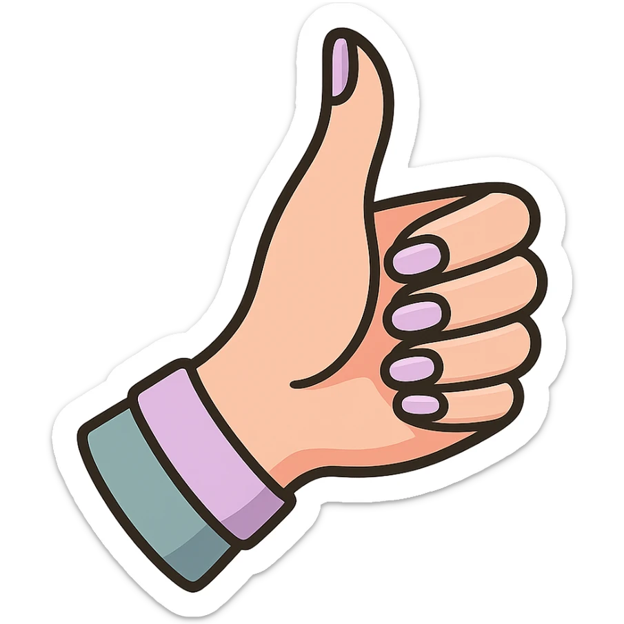 thumbs up, elegant female hand with manicure, slightly curved wrist, icon-color-outlined style, thin clean contours, graceful soft rounded shapes, pastel palette #98B5BC, #B5B3C1, #C9A3C9, #E4C0CA, #F7DCD1, #F7C0AA, detailed shadows and highlights, soft lighting, no background sticker