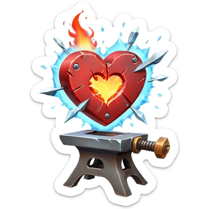 Heart being reforged on an anvil, sparks frozen mid-air sticker