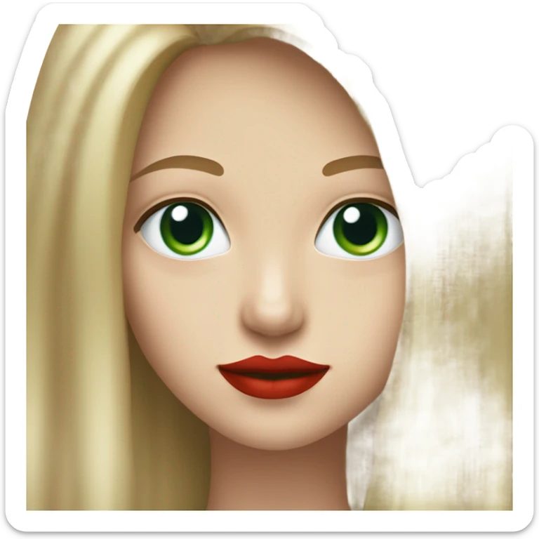 straight long curred hair, tomato red lipstick, blue-green bright eyes, white skin and a very small sharp nose sticker
