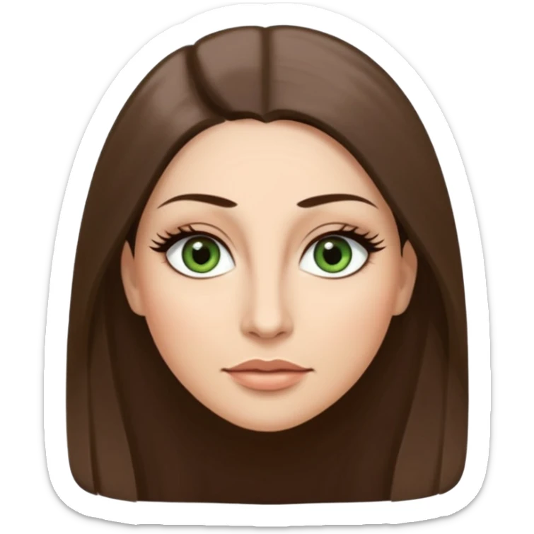 43. year old Adult woman avatar, light skin tone, long, oval face, long straight ashy brown hair, green almond-shaped eyes with dramatic eyelashes and minimal eyeliner, neutral mouth, medium straight eyebrows, small nose, smooth skin sticker