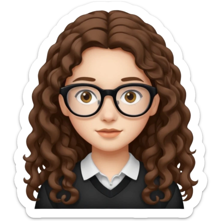 white teen girl with long brown curls, hazel eyes, and black frame glasses sticker