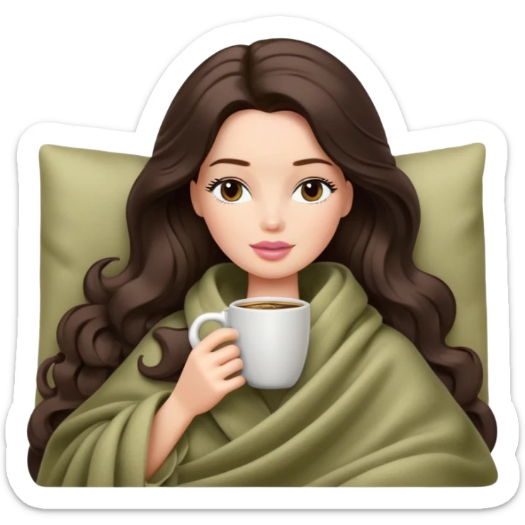 Barbie girl with a long wavy dark brown hair inside a pale olive blanket sipping coffee eyes closed sticker