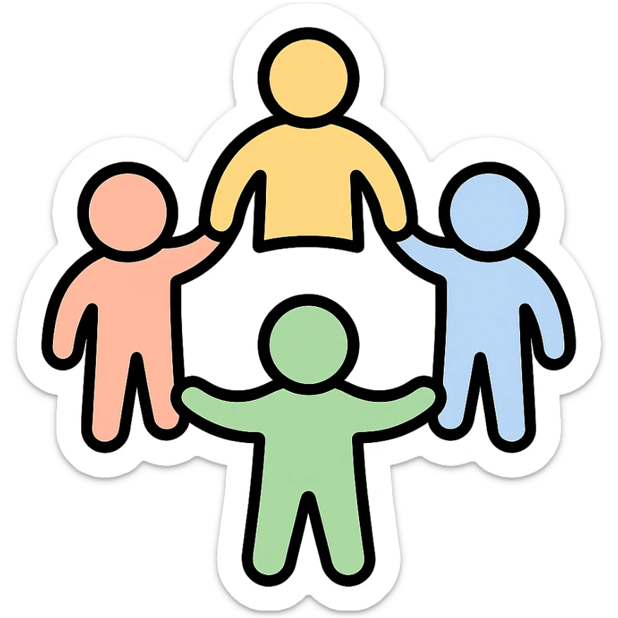 living fellowship, abstract people figures holding hands, sense of belonging, soft color palette, minimalistic sticker