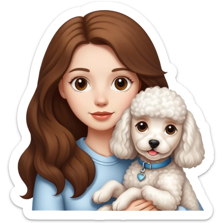 A white girl with long brown hair, she holds a cute white poddle dog sticker