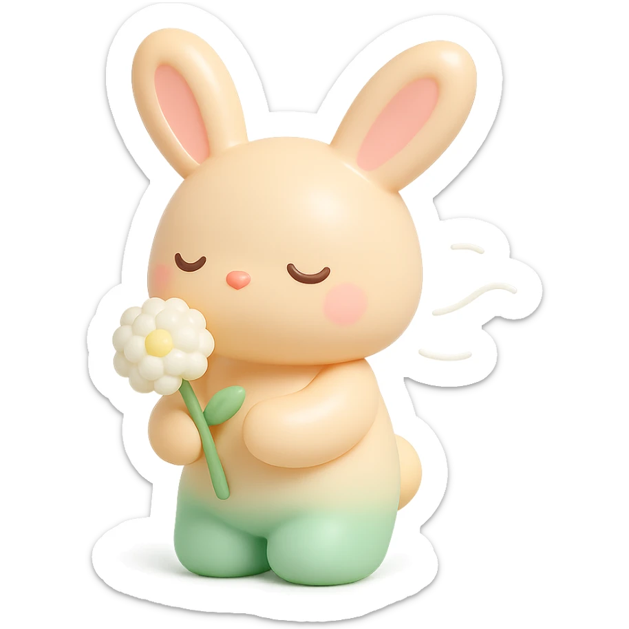bunny holding a dandelion in the breeze, gentle spring vibe, soft pastel colors, transparent background, vinyl figure style sticker