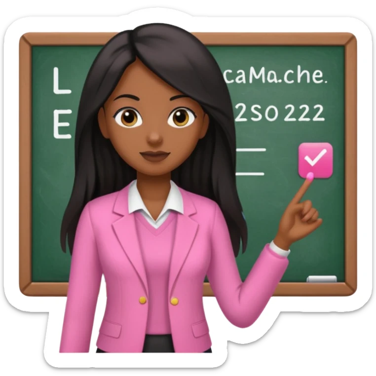 a brown skin teacher with hair with black straight long hair wearing pink not hot pink 2 piece set teaching up on a board the board says Ms. jade sticker