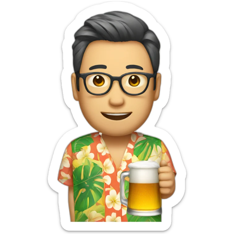 A Japanese man holding a beer and wearing an aloha shirt and glasses sticker