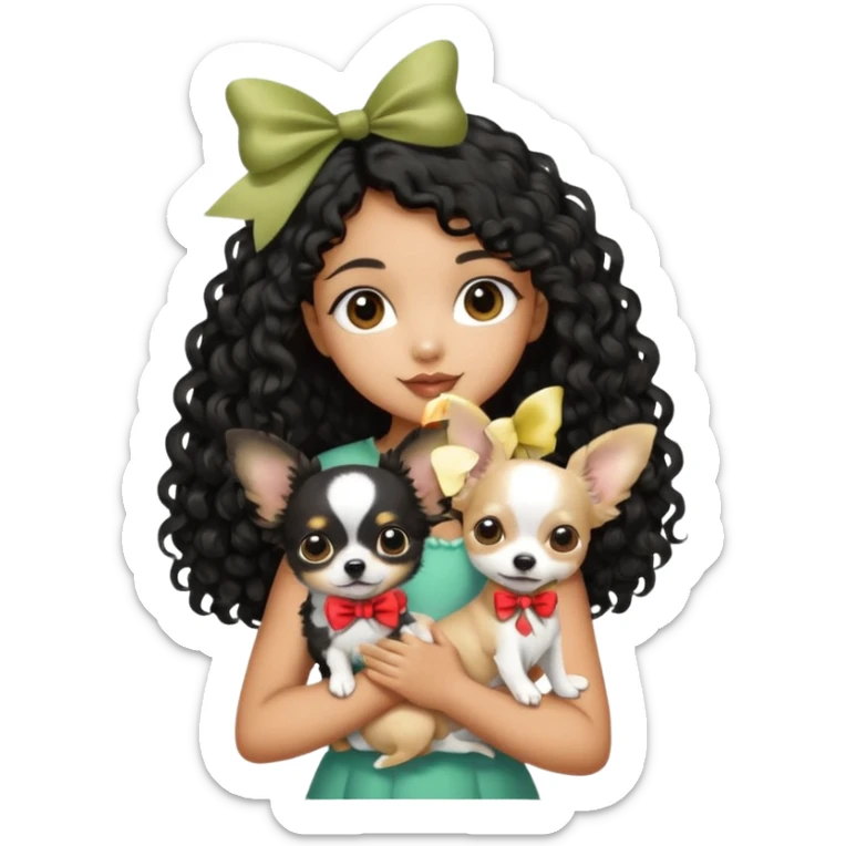 a girl light to medium tan skin with olive skin tone Long black curly hair cut butterfly carrying a white chihuahua dog with a cute ribbon sticker