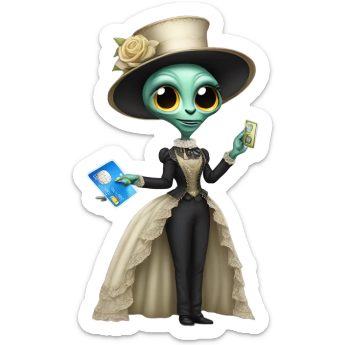 alien galora in Victorian dress elegant, full body, holding big credit card sticker