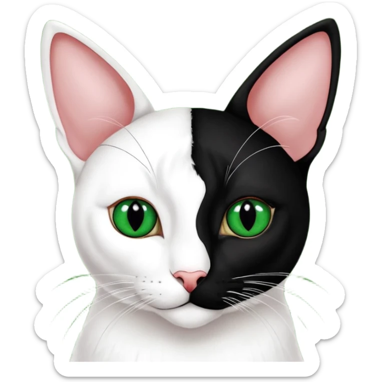 Haz una gata de ojos verdes la cara blanca con mancha negra en las orejas que agarra parte de la frente del lado der pero del iz va desde el ojo hasta la oreja la mancha, tiene la nariz negra en forma de corazón y todo lo que sobra de la cara, barbilla la nariz arriba y el lado de bigotes es blanca sticker