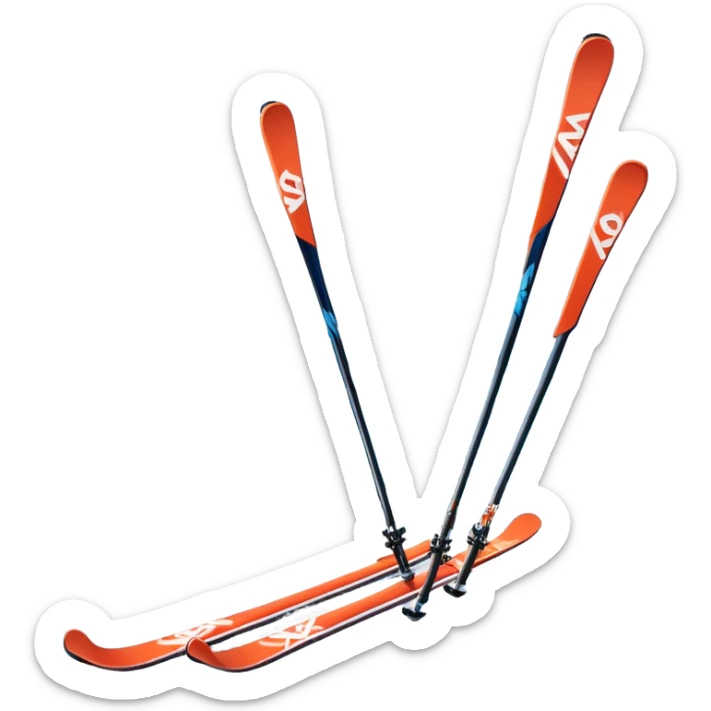 An icon featuring a pair of skis and ski poles in the foreground, set against a picturesque snow-covered slope. The background includes snowy peaks and evergreen trees, symbolizing the excitement and beauty of winter sports. Transparent background highlights the thrill of skiing and snowboarding. sticker