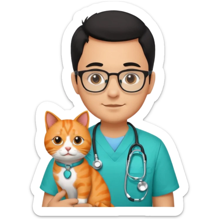 Veterinario hombre trigueño con lentes, con cabello negro, y con uniforme veterinario color verde turquesa y estetoscopio  cargando un gato naranja sticker