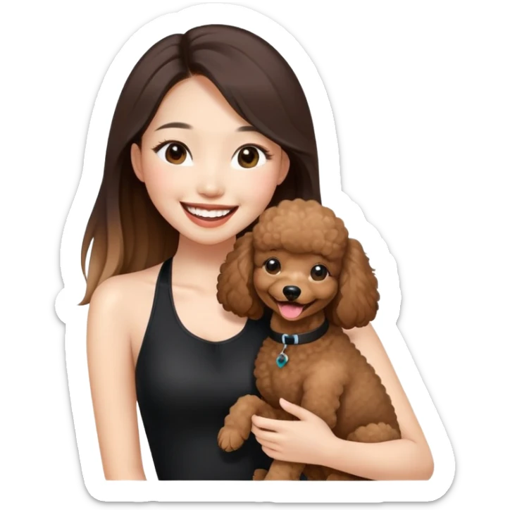 a asian girl with long straight balayage hair, long lashes, laughing, wearing black halterneck top, and holding a brown poodle sticker