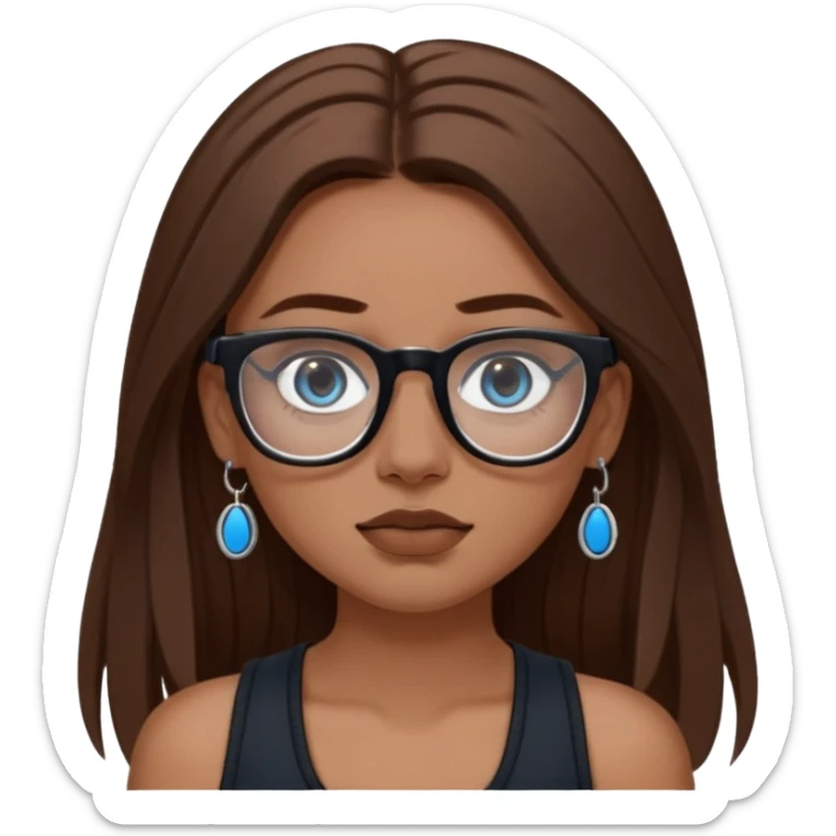 WHITE girl with long brown hair, part going more to the RIGHT side, BLUE eyes, wearing BLACK rectangle plastic frame glasses. SEPTUM nose piercing hoop (at bottom of nose) AND stud nose piercing on right side of nose. Wearing BLACK tank top. sticker