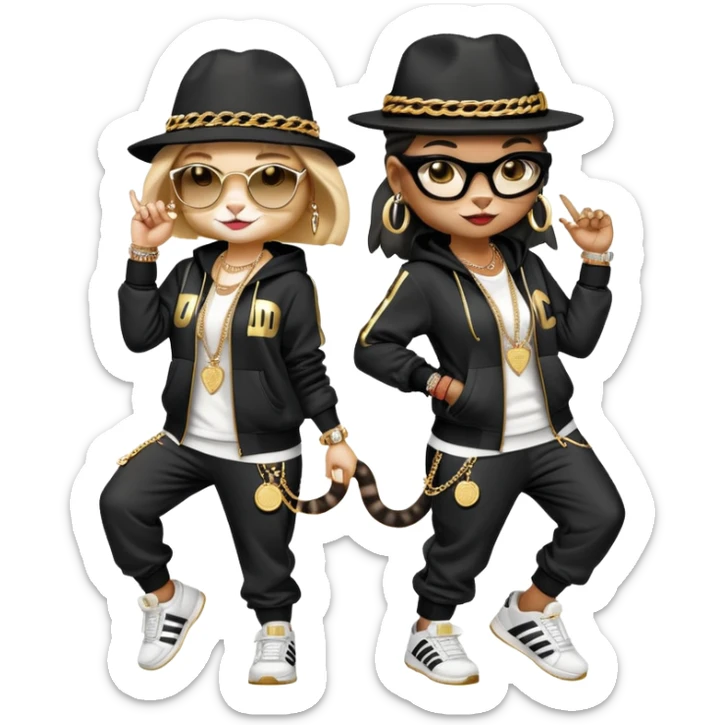female cat wearing Run DMC hip-hop outfit with tracksuit, fedora, Adidas sneakers, many gold chains, rings, bracelets, flashy earrings, dancing with a friend, no sunglasses sticker