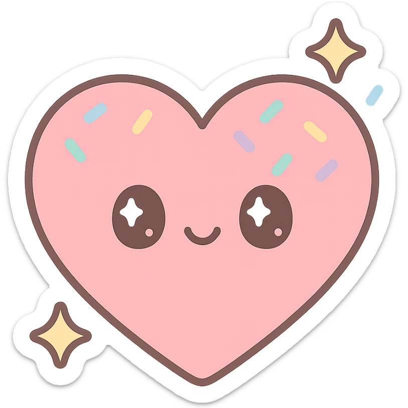 a pink heart with sparkling stars and rainbow sprinkles, cute and cheerful sticker