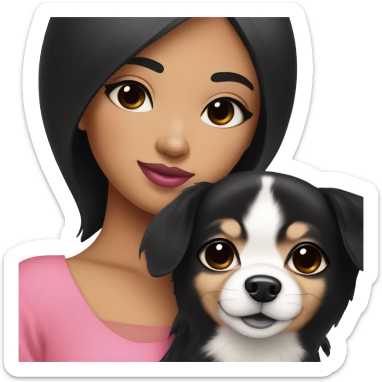 Thick medium black hair with black eyes and pink lip and pink cheek Filipino lady hugging black and white Chihuahua  sticker