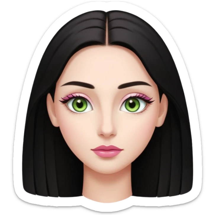 Front-facing portrait of a young woman with fair glowing skin, symmetrical features, light green almond-shaped eyes, long lashes, soft arched brows, straight refined nose, and full natural pink lips. Dark sleek hair pulled back with a middle part.  sticker