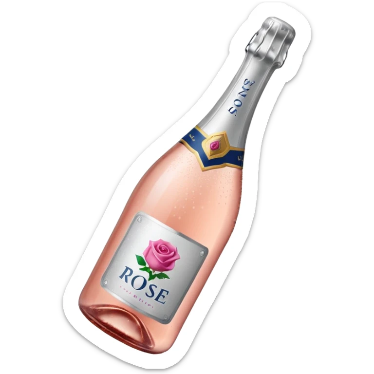 bottle of sparkling rosé with a rose logo on the label, tilted to the left, no glass sticker