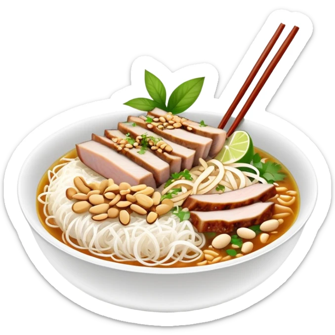 A bowl of Vietnamese Bún Thịt Nướng - rice vermicelli noodles with grilled pork, herbs, bean sprouts, and fish sauce sticker