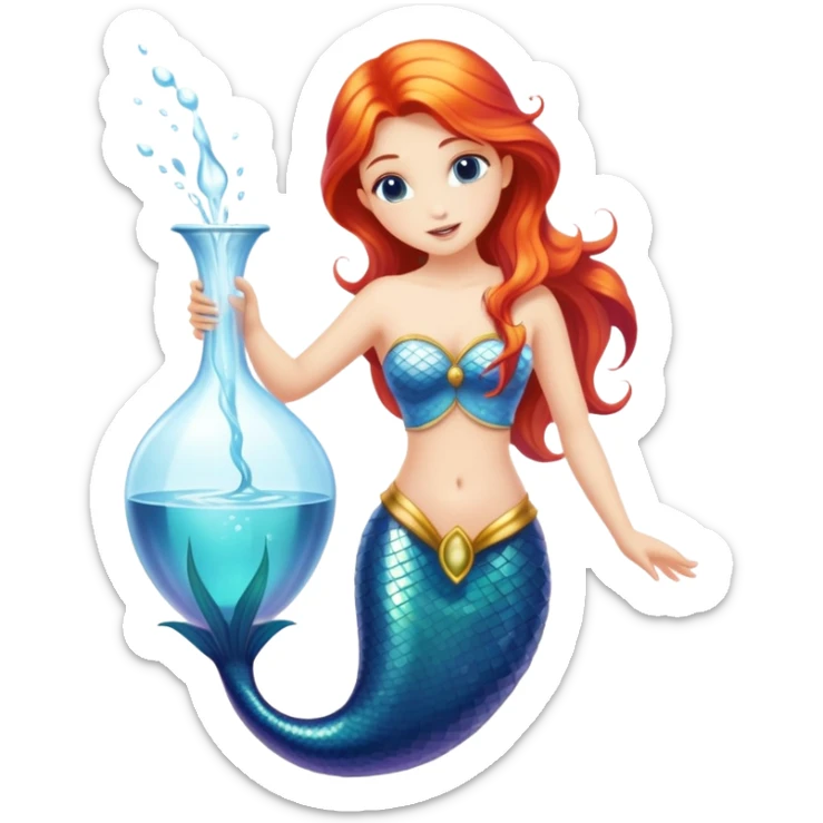 The zodiac symbol Aquarius. A mystical beautiful mermaid pouring out an elegant vase of water. sticker