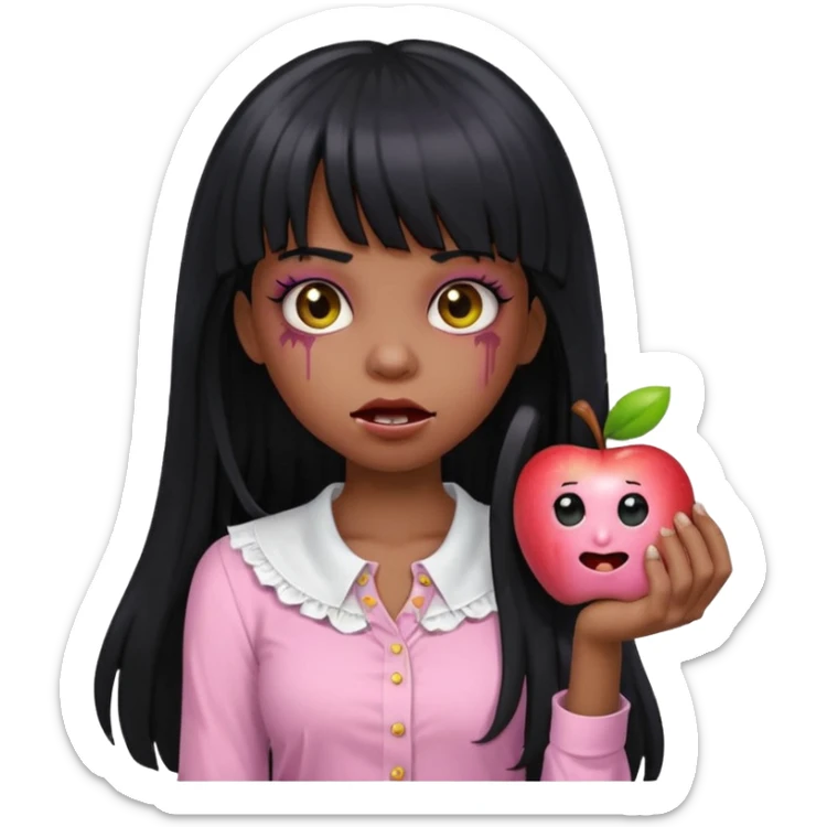 emoji apple light skinned black zombie girl with long black hair and bangs with a light pink blouse  sticker