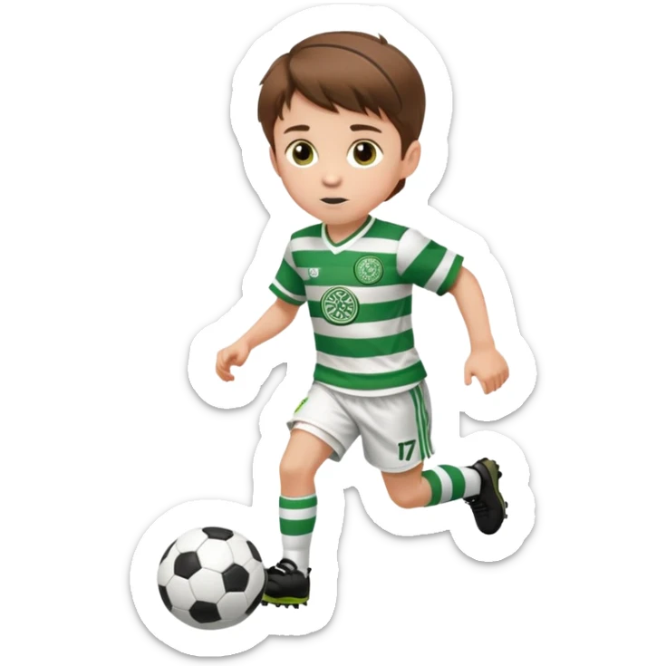Celtic footballer jersey logo  6 years old brown hair white boy , brown eyes , stripes uniform , RUNNING  with soccer ball # 17 celtic football logo PUT ONLY ONE LOGO ONE CELTIC LOGO ONLY white shorts sticker