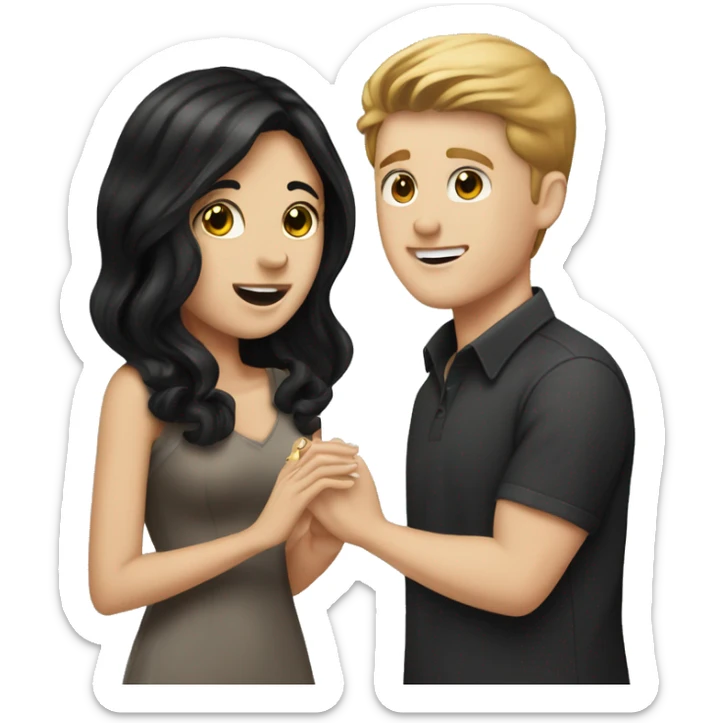 White boy with brown hair proposing with an engagement ring to white girl with black hair sticker