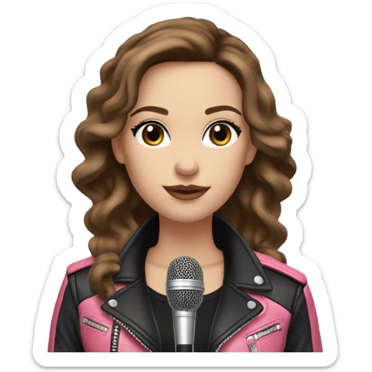 Pretty White Woman, Long Brown Wavy Hair, Brown Eyes, with black eyeshadow Wearing A Pink top and a Black Leather Jacket, holding a microphone  sticker