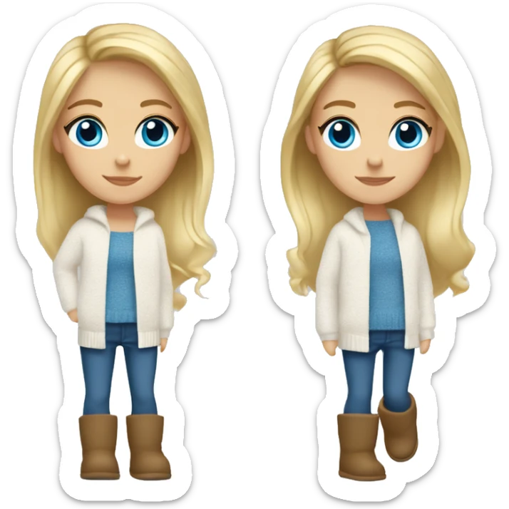 Blond girl with blue eyes and a white fall sweater and blue jeans and Ugg shoes  sticker