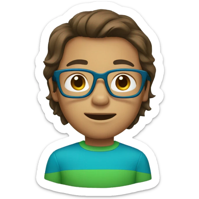 a boy in a green shirt, blue glasses and Medium long hair Brown color   sticker