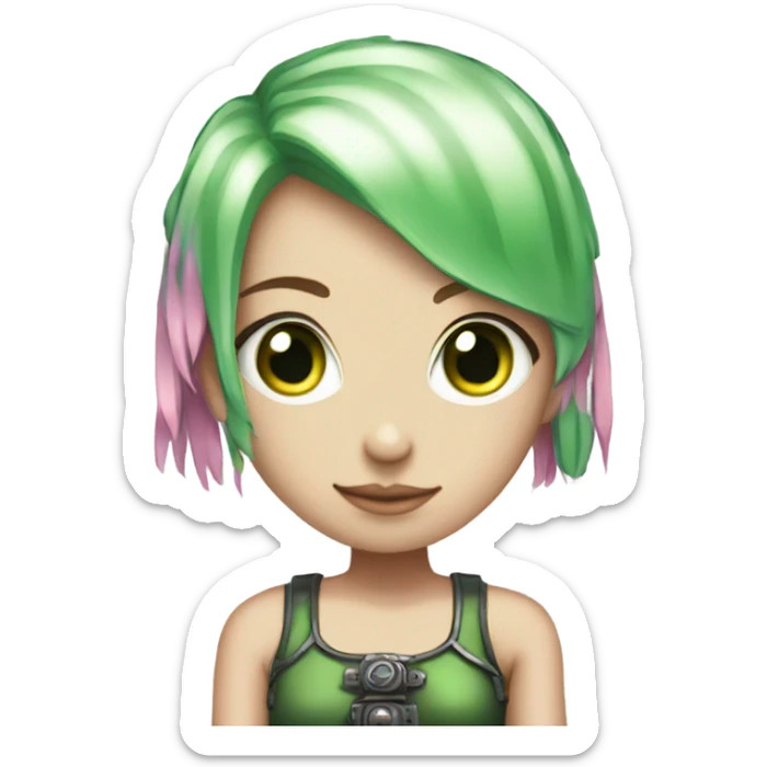 light-skinned girl, 1girl, pink hair, short pink hair, steampunk, green eyes, green swimsuit, robotic left arm sticker