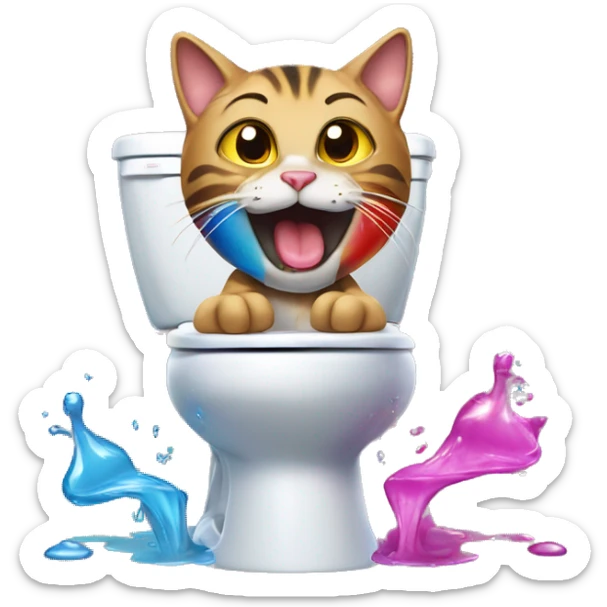 Tabby cat stands on the toilet and pours a large amount of colored water from its mouth sticker