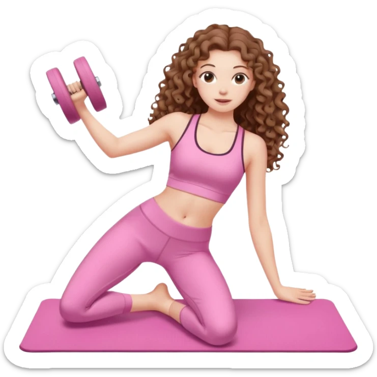 pale white girl with long brown curly hair pilates pink sticker