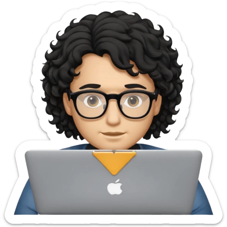 guy with wavy kinda curly black hair and light-to-medium skin tone like latino and glasses, with a macbook sticker