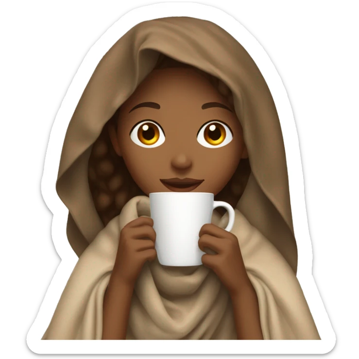 light brown girl with wavy hair drinking a latte with a blanket over her head sticker