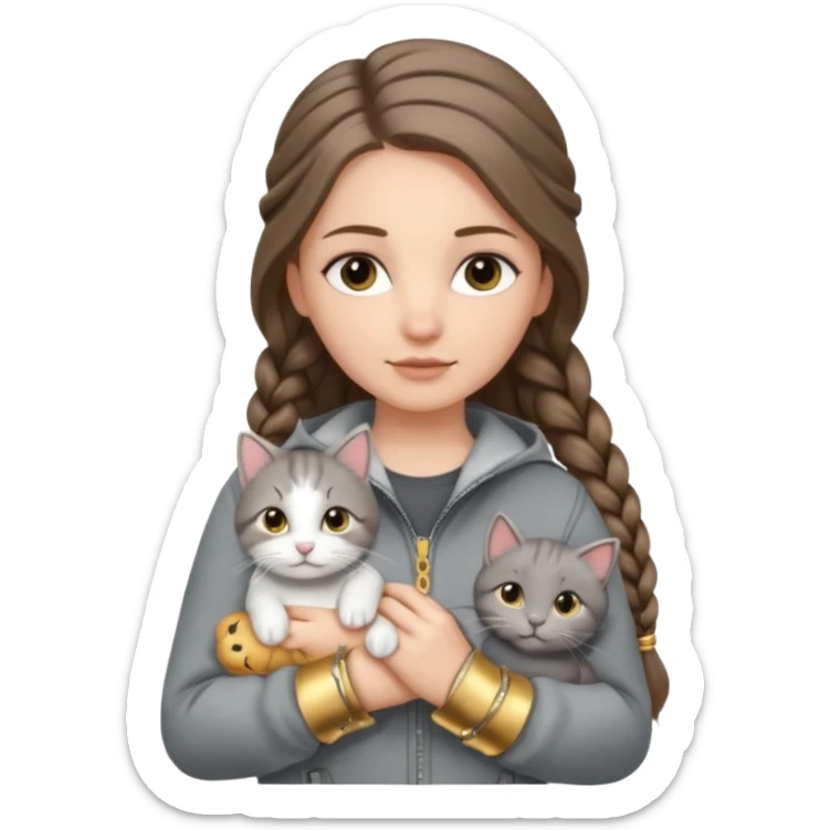 a white girl with long brunette hair in braid that is over her shoulder. shes holding a grey cat. the girl has long lashes and has on a grey zip up that is half way zipped  and under a white shirt and gold jewelry that is gold bracelets. sticker