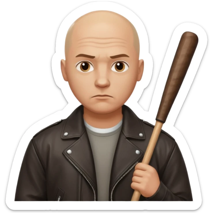 Bald Russian 1990s gangster emoji, leather jacket, , serious face with a bat sticker