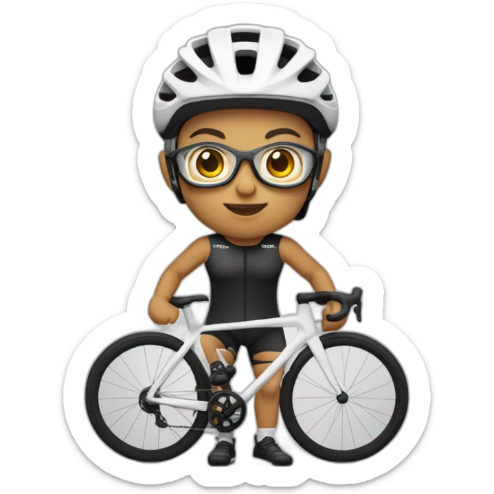 Ciclista de piel morena clara de contextura delgada estatura alta con zapatillas de ruta blancas licras negras y maillot blanco casco blanco y gafas negras con barba regular sticker