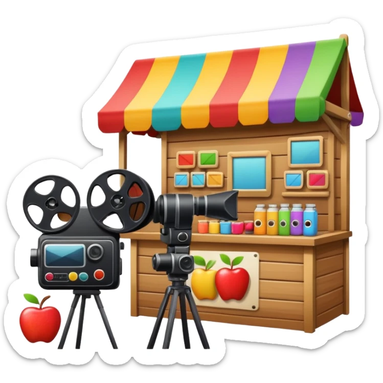 market stall with video camera and film reel, colorful and inviting, apple style emoji sticker